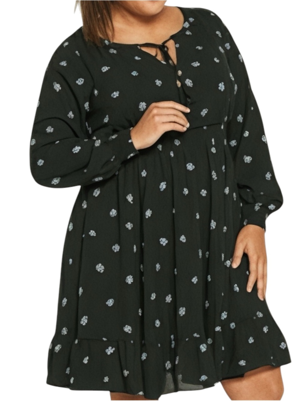 Torrid Plus Size Black Floral Smocked Ruffle Tassel Long Sleeve Dress